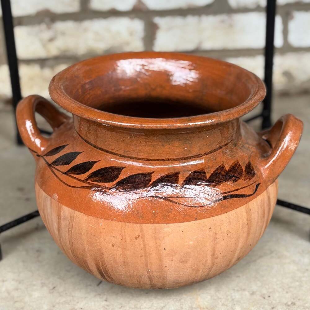 Mexican Terra Cotta Clay Pot with Handles & Hand-Painted Floral Design